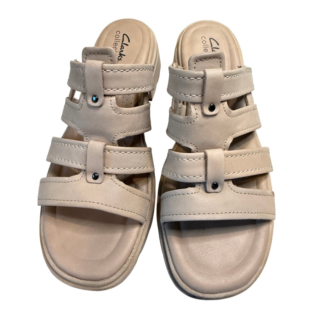 Clarks Collection Beige Strappy Platform Slide Sandals Ultimate Comfort Lug Sole